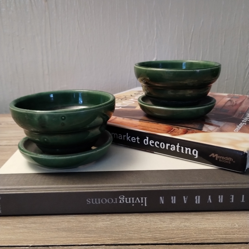 Vintage McCoy Emerald Green Mid Century Modern Pottery Flower Pot Set USA
